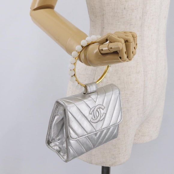 CHANEL V Stitch Hand Bag Lamb Skin Silver Gold CC Auth 206262SAV