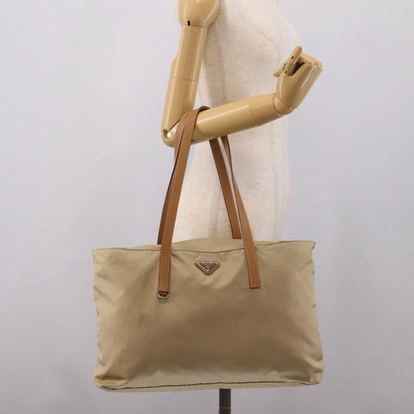 PRADA Tote Bag Nylon Beige Silver Auth 206281A