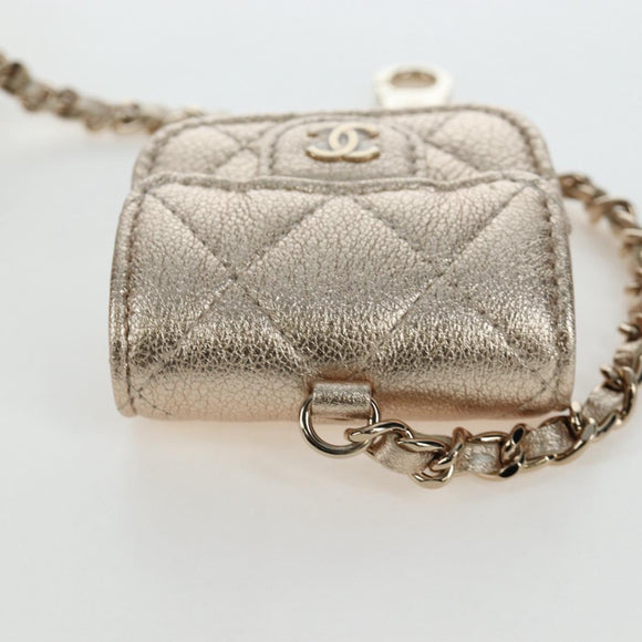 CHANEL Matelasse Coin Purse & AirPods Pro Case Lamb Skin Gold CC Auth 206296M