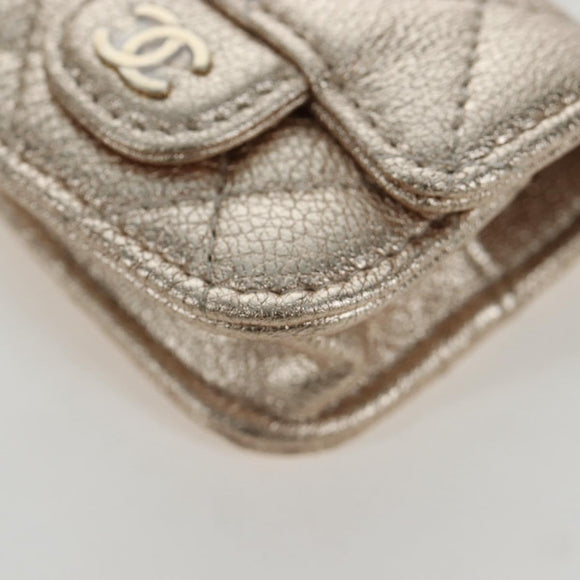 CHANEL Matelasse Coin Purse & AirPods Pro Case Lamb Skin Gold CC Auth 206296M