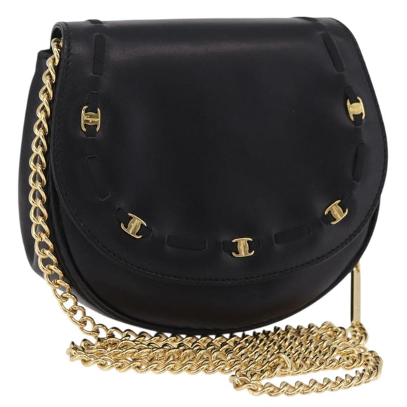 Salvatore Ferragamo Vala Chain Shoulder Bag Leather Black Gold Auth 206299