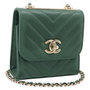 CHANEL V Stitch Chain Shoulder Bag Lamb Skin Green Gold CC Auth 206308SAM-1