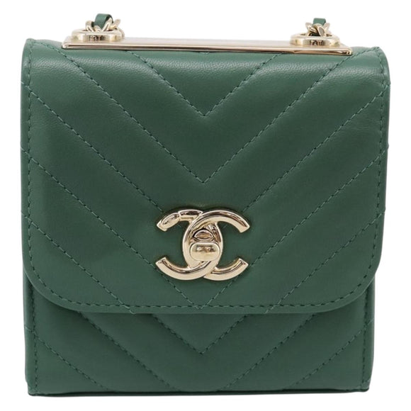 CHANEL V Stitch Chain Shoulder Bag Lamb Skin Green Gold CC Auth 206308SAM