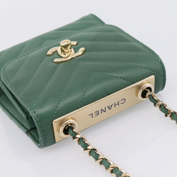 CHANEL V Stitch Chain Shoulder Bag Lamb Skin Green Gold CC Auth 206308SAM