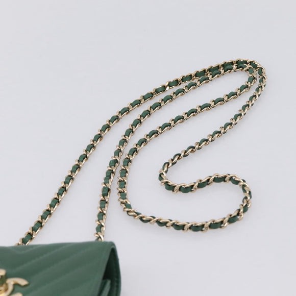 CHANEL V Stitch Chain Shoulder Bag Lamb Skin Green Gold CC Auth 206308SAM