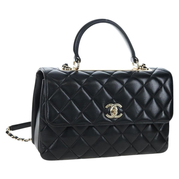 CHANEL Matelasse Trendy CC Hand Bag Lamb Skin 2way Black Gold CC Auth 206325SV