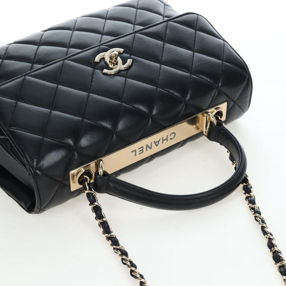 CHANEL Matelasse Trendy CC Hand Bag Lamb Skin 2way Black Gold CC Auth 206325SV