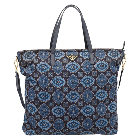PRADA Tote Bag Nylon 2way Navy Gold Auth 206331A