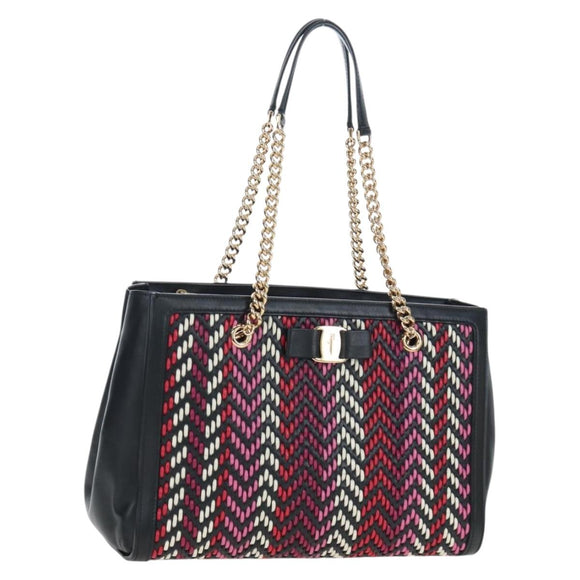 Salvatore Ferragamo Vala Chain Tote Bag Leather Black Gold Auth 206334M