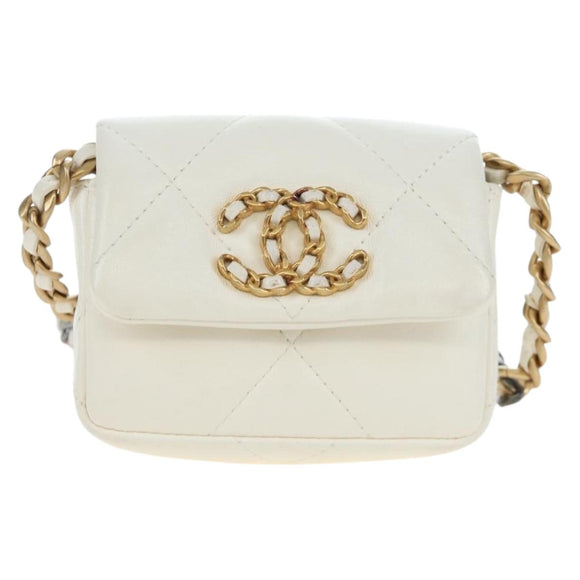 CHANEL Matelasse Chain Shoulder Pouch Lamb Skin Gold White CC Auth 206352SAM