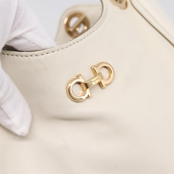 Salvatore Ferragamo Gancini Chain Tote Bag Leather White Gold Auth 206356A