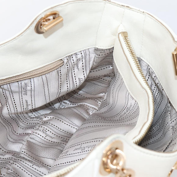 Salvatore Ferragamo Gancini Chain Tote Bag Leather White Gold Auth 206356A