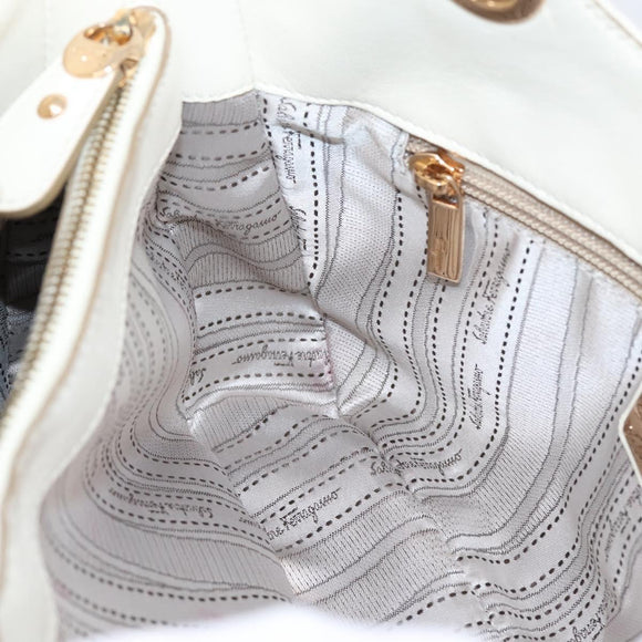 Salvatore Ferragamo Gancini Chain Tote Bag Leather White Gold Auth 206356A