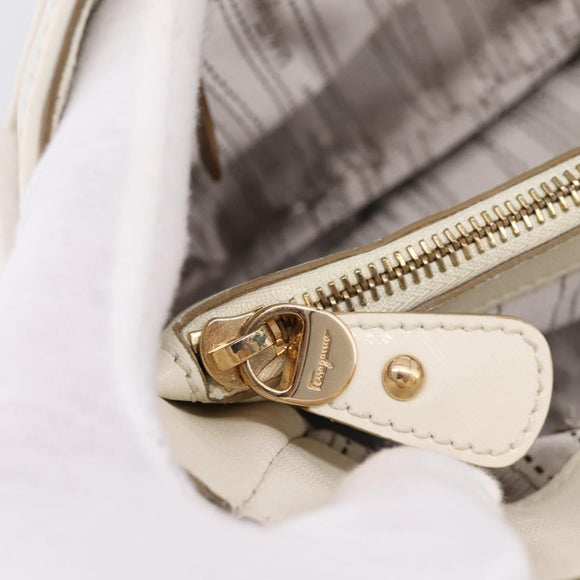Salvatore Ferragamo Gancini Chain Tote Bag Leather White Gold Auth 206356A