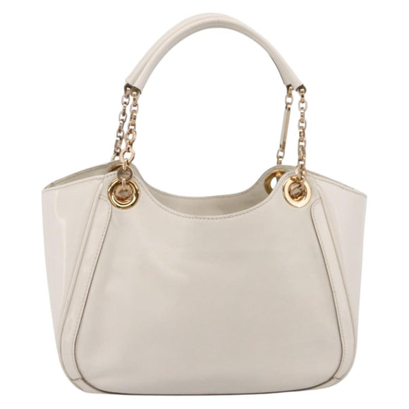 Salvatore Ferragamo Gancini Chain Tote Bag Leather White Gold Auth 206356A