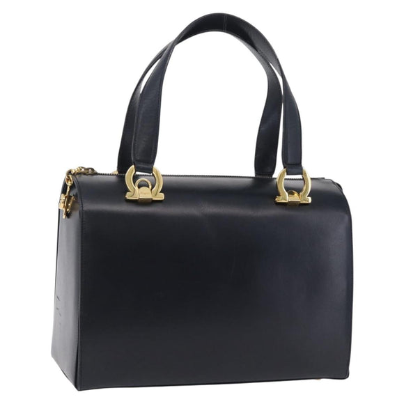 Salvatore Ferragamo Gancini Hand Bag Leather Navy Gold Auth 206360