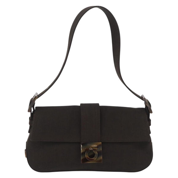 Salvatore Ferragamo Gancini Shoulder Bag Canvas Khaki Auth 206366V