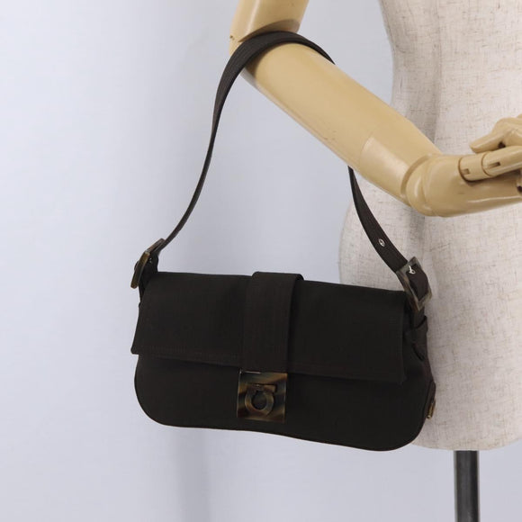 Salvatore Ferragamo Gancini Shoulder Bag Canvas Khaki Auth 206366V