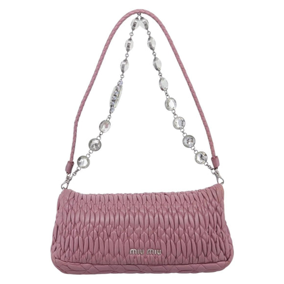 Miu Miu Matelasse Chain Shoulder Bag Leather 2way Pink Silver Auth 206370A