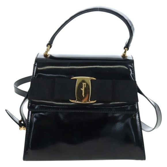 Salvatore Ferragamo Vala Hand Bag Patent leather 2way Black Gold Auth 206373