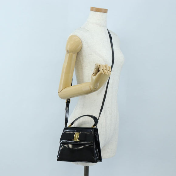 Salvatore Ferragamo Vala Hand Bag Patent leather 2way Black Gold Auth 206373