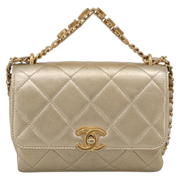 CHANEL Matelasse Chain Shoulder Bag Lamb Skin 2way Gold CC Auth 206384SAM