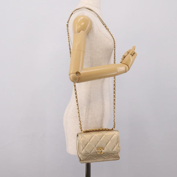 CHANEL Matelasse Chain Shoulder Bag Lamb Skin 2way Gold CC Auth 206384SAM