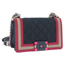 CHANEL Chain Matelasse Boy Chanel Shoulder Bag Canvas Navy Silver Auth 206385A-1