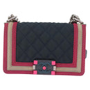 CHANEL Chain Matelasse Boy Chanel Shoulder Bag Canvas Navy Silver Auth 206385A-13