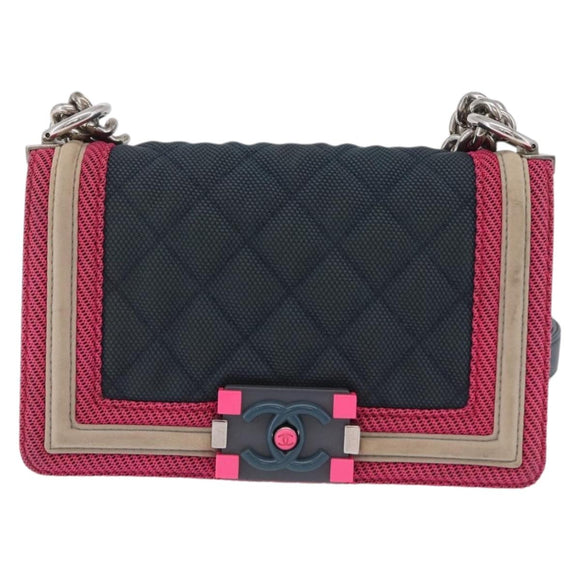 CHANEL Chain Matelasse Boy Chanel Shoulder Bag Canvas Navy Silver Auth 206385A