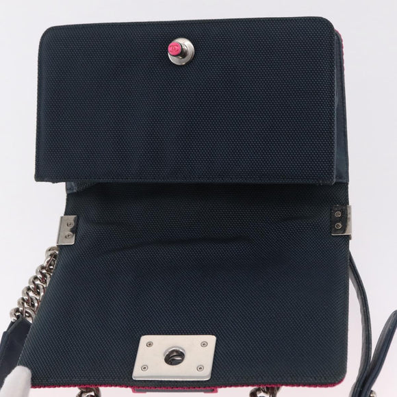 CHANEL Chain Matelasse Boy Chanel Shoulder Bag Canvas Navy Silver Auth 206385A
