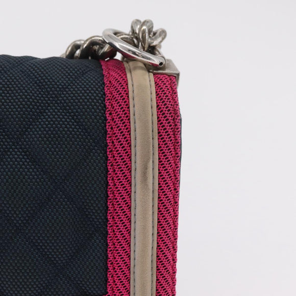 CHANEL Chain Matelasse Boy Chanel Shoulder Bag Canvas Navy Silver Auth 206385A