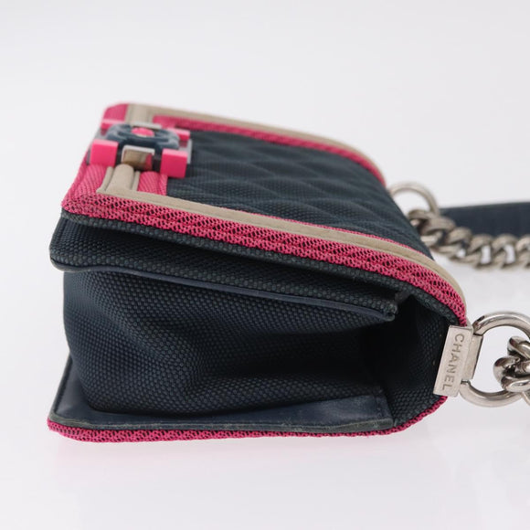 CHANEL Chain Matelasse Boy Chanel Shoulder Bag Canvas Navy Silver Auth 206385A