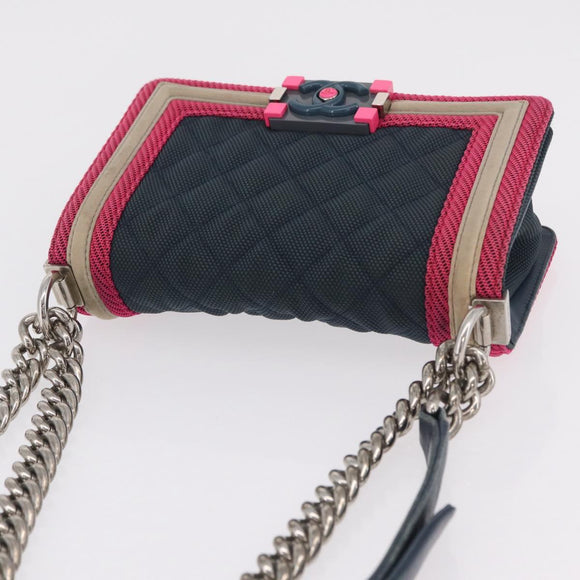 CHANEL Chain Matelasse Boy Chanel Shoulder Bag Canvas Navy Silver Auth 206385A