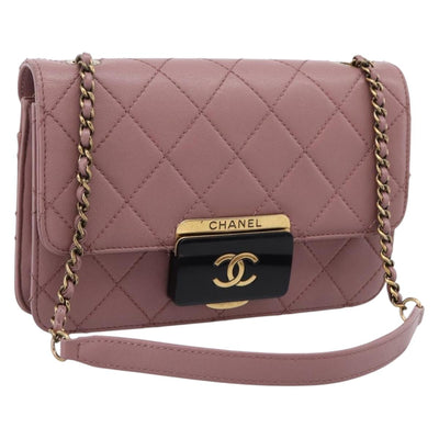 CHANEL Matelasse Chain Shoulder Bag Lamb Skin Purple Gray CC Auth 206386V