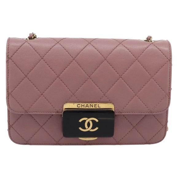 CHANEL Matelasse Chain Shoulder Bag Lamb Skin Purple Gray CC Auth 206386V