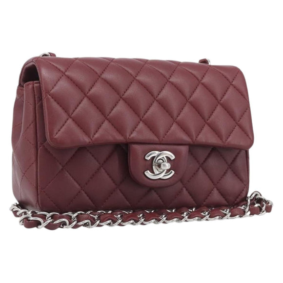 CHANEL Mini Matelasse 20 Chain Bag Lamb Skin Bordeaux Silver CC Auth 206388SM