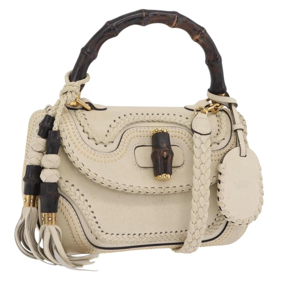 GUCCI New Bamboo Hand Bag Leather 2way Ivory Gold 263970 Auth 206395M