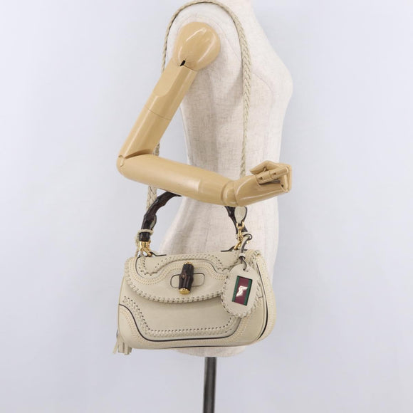 GUCCI New Bamboo Hand Bag Leather 2way Ivory Gold 263970 Auth 206395M