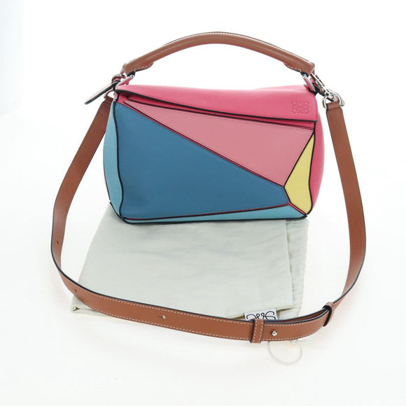 LOEWE Puzzle Bag Small Hand Bag Leather 2way Multicolor Silver Auth 206398SAM