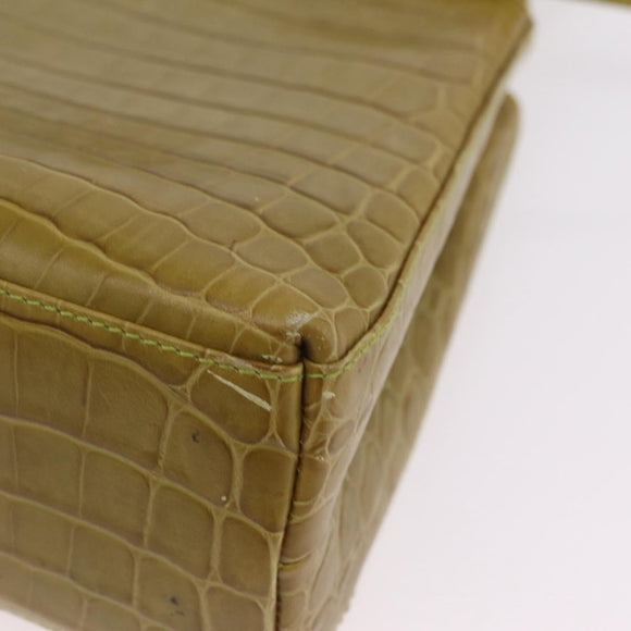 Salvatore Ferragamo Croco Embossed Hand Bag Leather 2way Green Gold Auth 206415