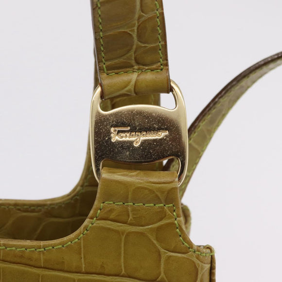 Salvatore Ferragamo Croco Embossed Hand Bag Leather 2way Green Gold Auth 206415