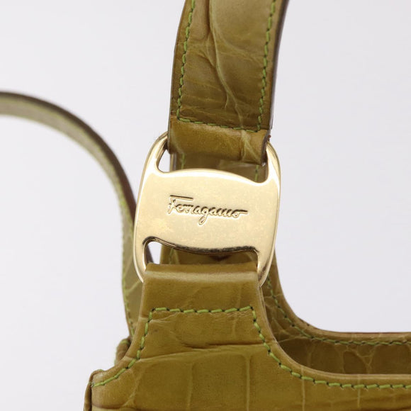 Salvatore Ferragamo Croco Embossed Hand Bag Leather 2way Green Gold Auth 206415