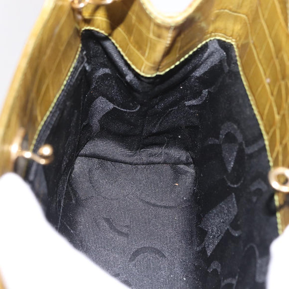 Salvatore Ferragamo Croco Embossed Hand Bag Leather 2way Green Gold Auth 206415