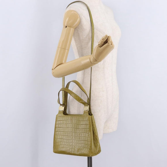 Salvatore Ferragamo Croco Embossed Hand Bag Leather 2way Green Gold Auth 206415