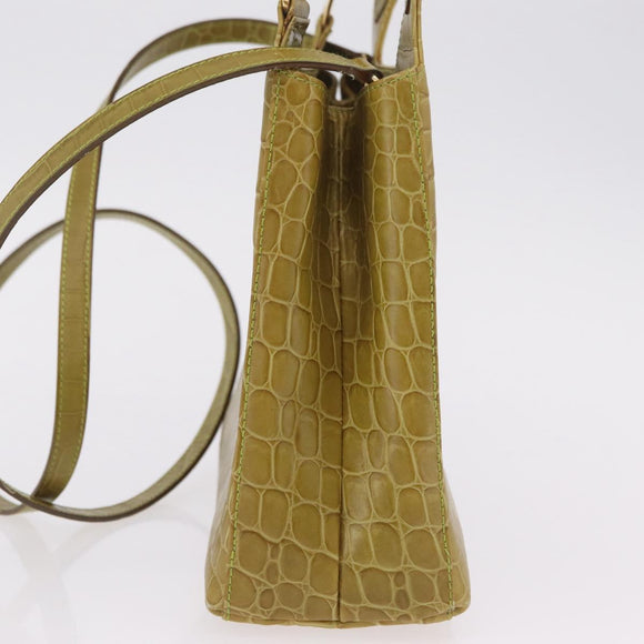 Salvatore Ferragamo Croco Embossed Hand Bag Leather 2way Green Gold Auth 206415