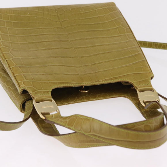 Salvatore Ferragamo Croco Embossed Hand Bag Leather 2way Green Gold Auth 206415