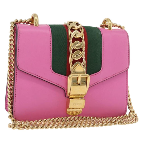 GUCCI Silvi WebSherry Line Chain Bag Leather Pink Gold 431666 Auth 206420V