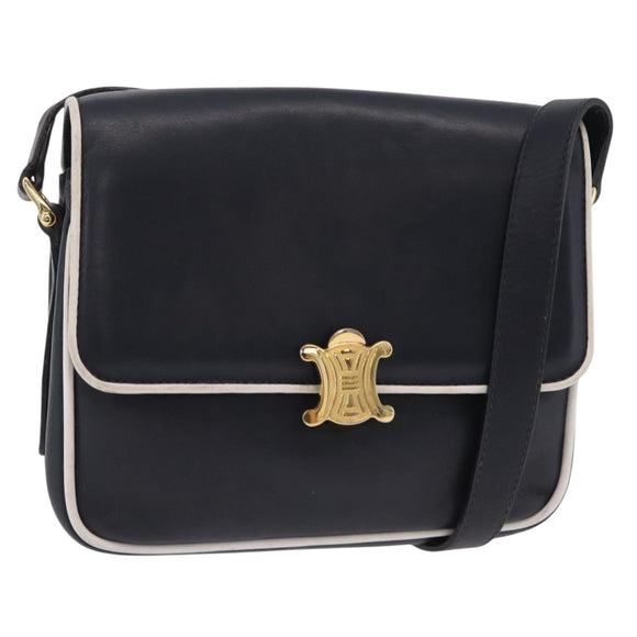 CELINE Shoulder Bag Leather Navy Gold Auth 206422A