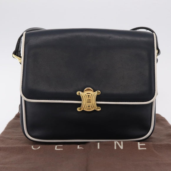 CELINE Shoulder Bag Leather Navy Gold Auth 206422A